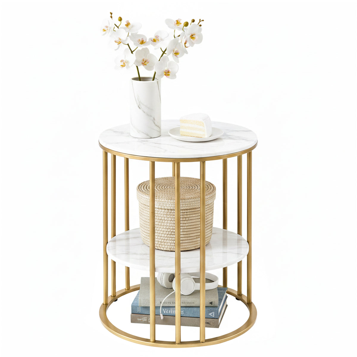 Artiss 2-Tier White & Gold Marble-Effect Coffee Table