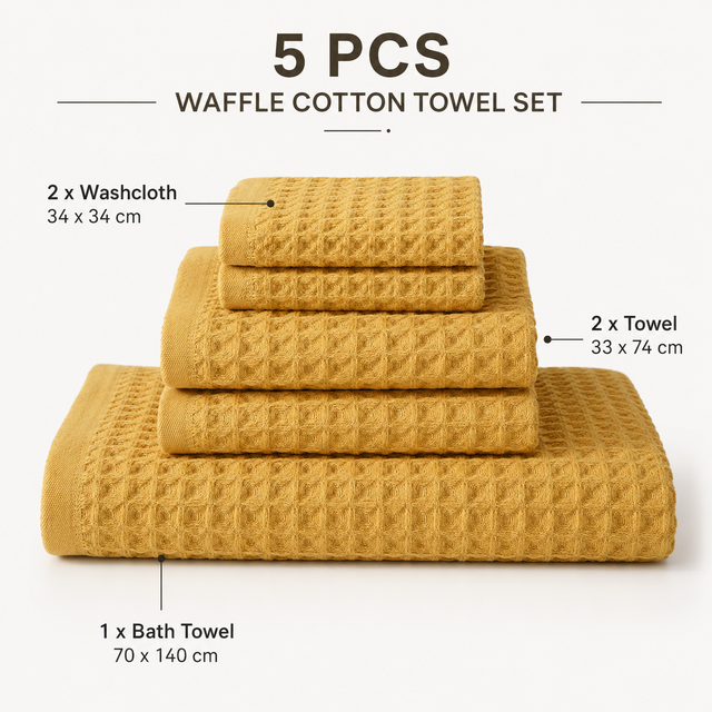 Luxury 5-Piece Waffle Weave 100% Cotton Quick-Dry Towel Set