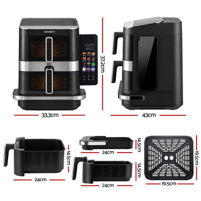 Devanti 12L Air Fryer Dual Basket Stacked 10 Inch Pizza Maker 2800W Touch Black