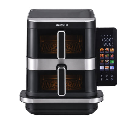 Devanti 12L Air Fryer Dual Basket Stacked 10 Inch Pizza Maker 2800W Touch Black