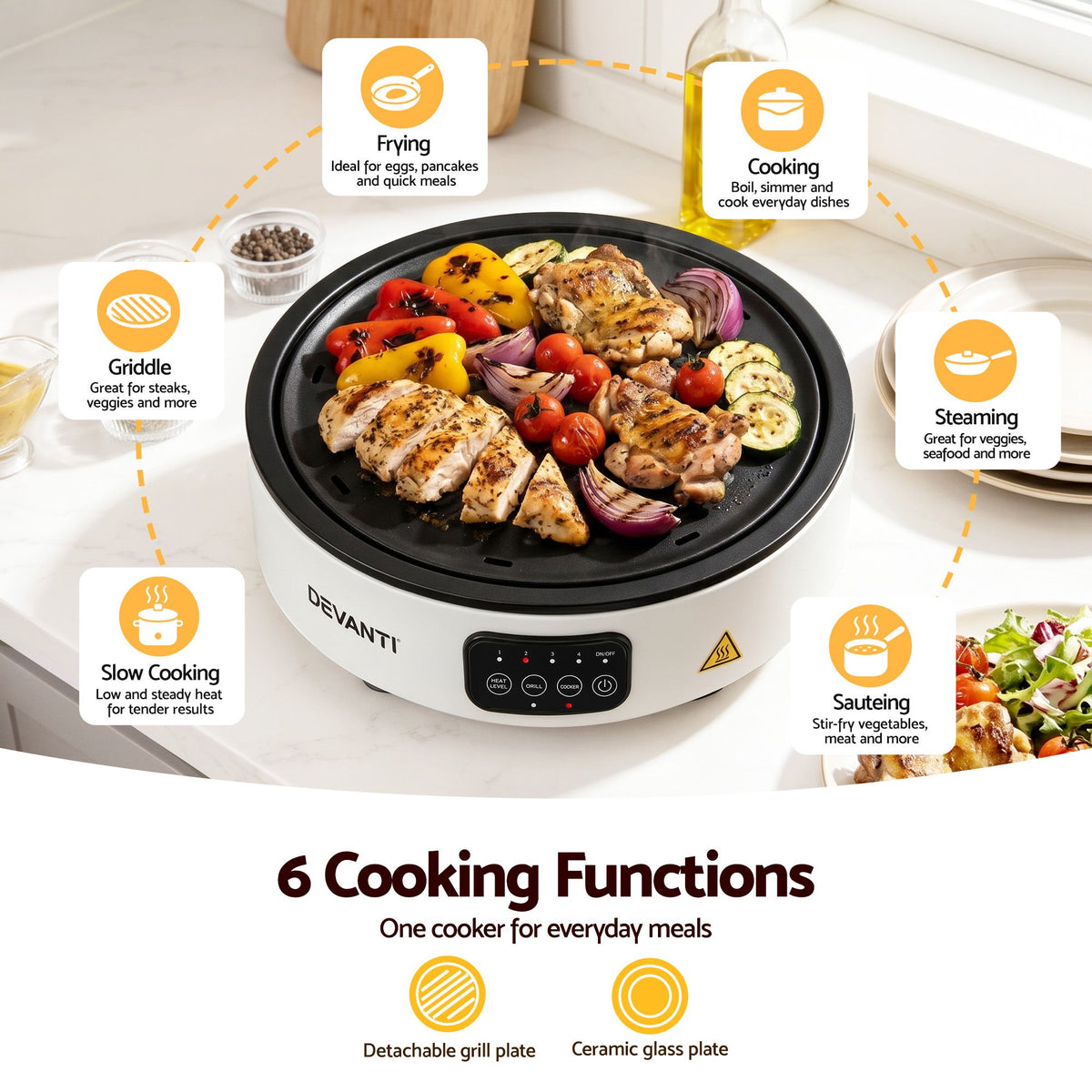 Devanti 2000W Ceramic Cooktop with Detachable Grill Plate - White