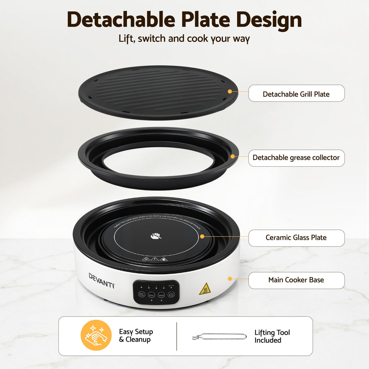 Devanti 2000W Ceramic Cooktop with Detachable Grill Plate - White
