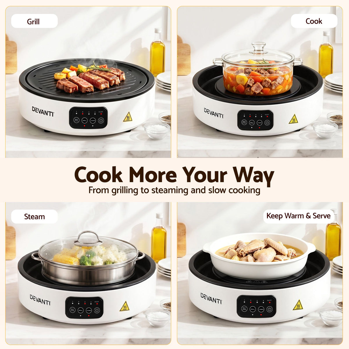 Devanti 2000W Ceramic Cooktop with Detachable Grill Plate - White