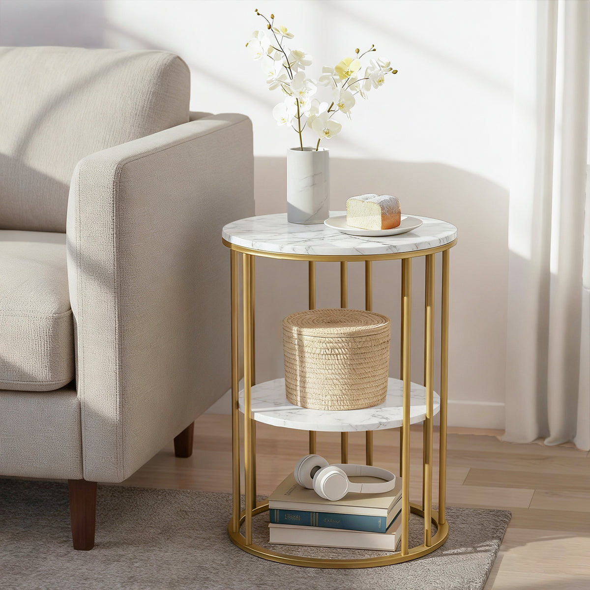 Artiss 2-Tier White & Gold Marble-Effect Coffee Table