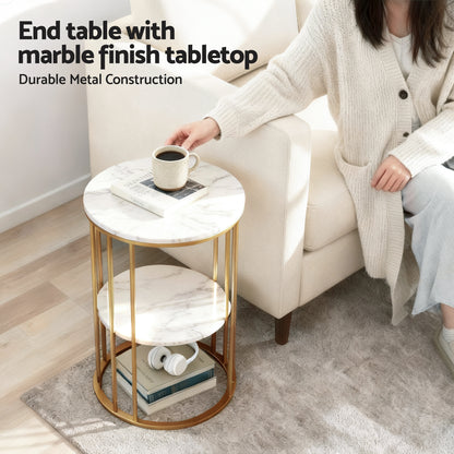 Artiss 2-Tier White & Gold Marble-Effect Coffee Table