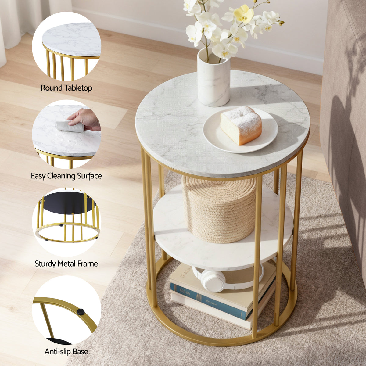 Artiss 2-Tier White & Gold Marble-Effect Coffee Table