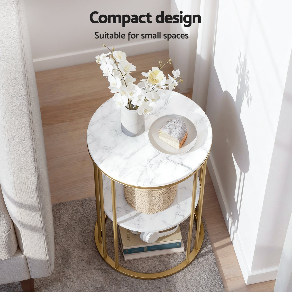 Artiss 2-Tier White & Gold Marble-Effect Coffee Table