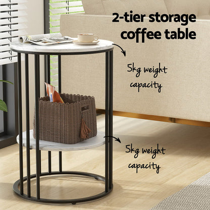 Artiss White & Black Marble-Effect 2-Tier Coffee Table