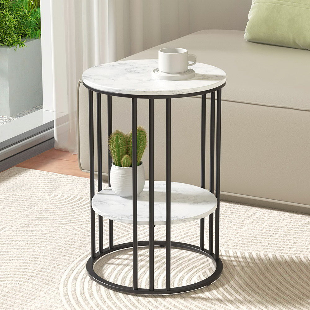 Artiss White & Black Marble-Effect 2-Tier Coffee Table