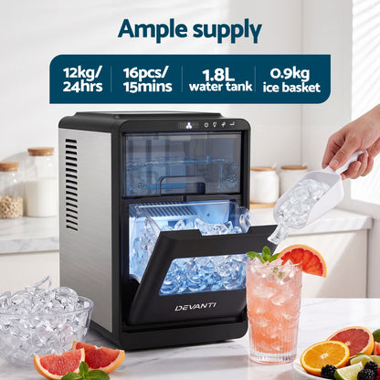 Devanti Ice Maker Crescent Ice 16pcs Countertop Machine 12KG/24H for Home