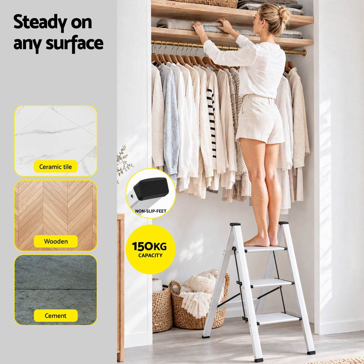 Giantz 3-Step Folding Aluminium Ladder, 150 kg Capacity