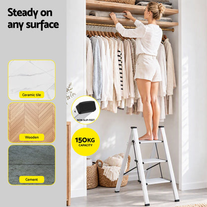 Giantz 3-Step Folding Aluminium Ladder, 150 kg Capacity