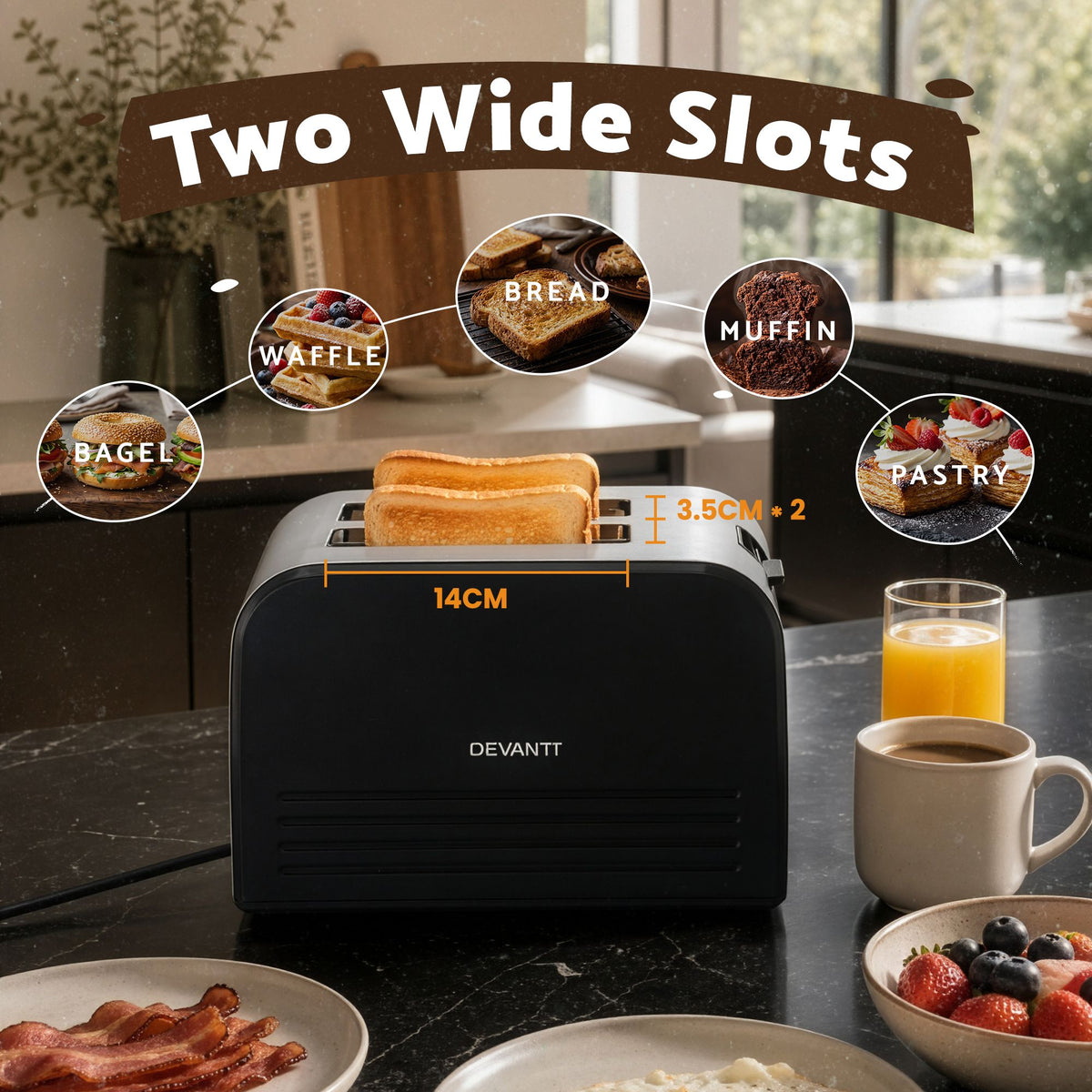 Devanti 2-Slice Toaster with LED Display & 6 Browning Levels