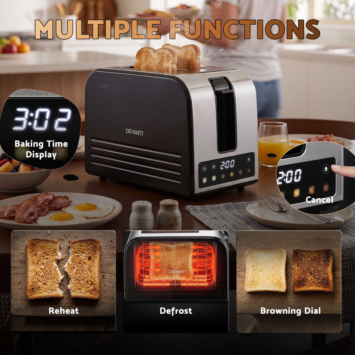 Devanti 2-Slice Toaster with LED Display & 6 Browning Levels