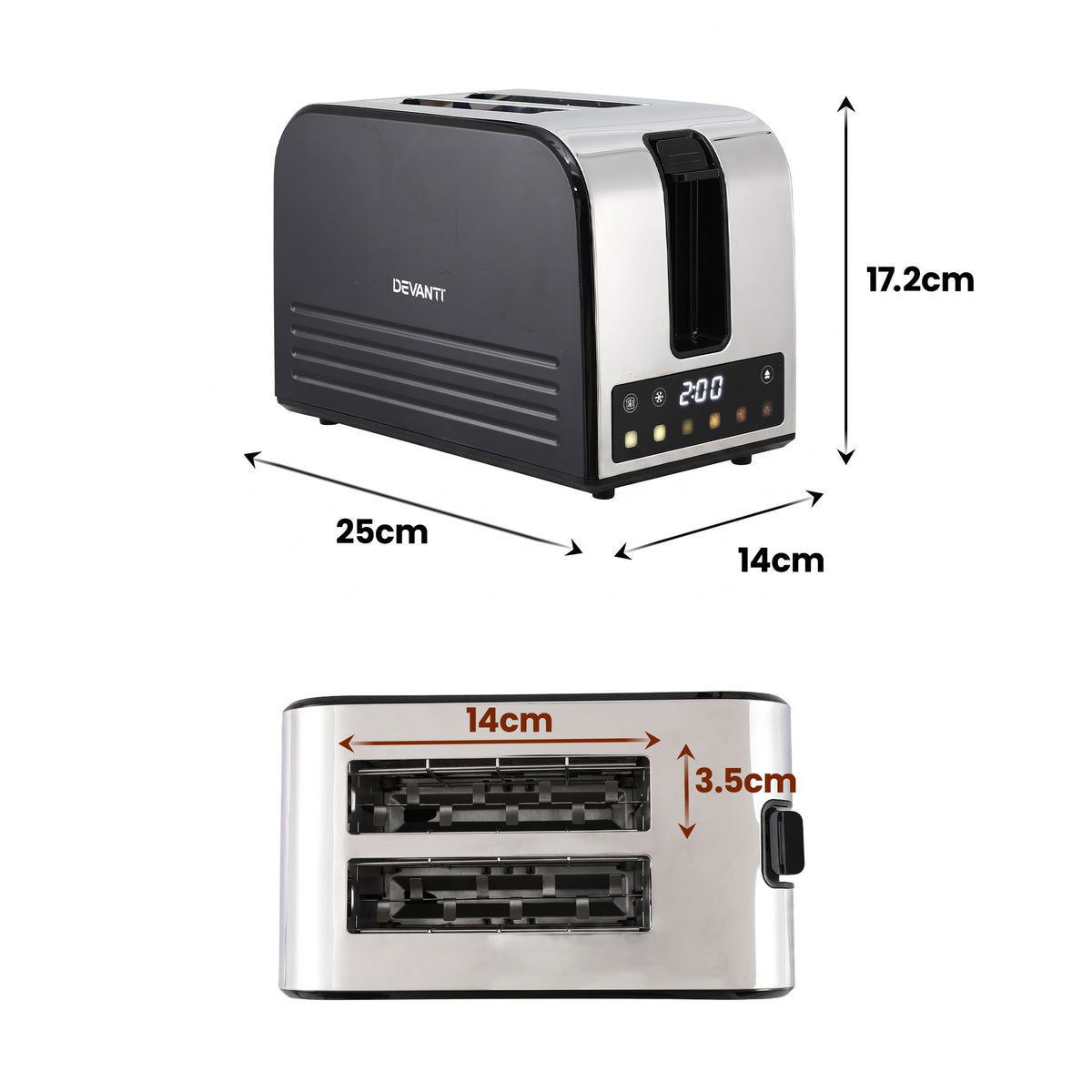 Devanti 2-Slice Toaster with LED Display & 6 Browning Levels