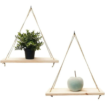 Rustic Hanging Rope Wall Shelf Set - Recycled Pine Wood (2-Piece)