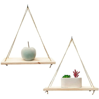 Rustic Hanging Rope Wall Shelf Set - Recycled Pine Wood (2-Piece)