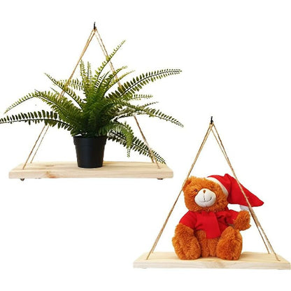 Rustic Hanging Rope Wall Shelf Set - Recycled Pine Wood (2-Piece)
