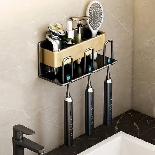 3-Piece Toothbrush Holder with Cup, Wall Mount No Drilling, Aluminum, Compatible with Oral-B, Gold