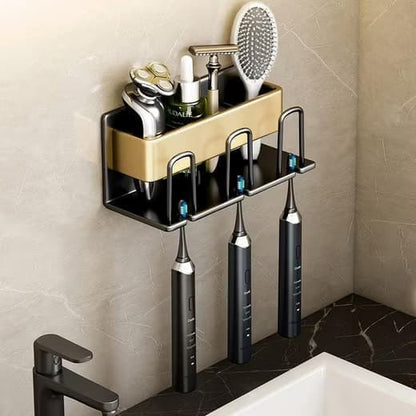 3-Piece Toothbrush Holder with Cup, Wall Mount No Drilling, Aluminum, Compatible with Oral-B, Gold