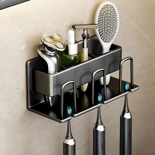 3-Piece Toothbrush Holder with Cup, Wall Mount No Drilling, Aluminum, Compatible with Oral-B, Black