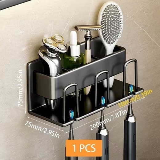 3-Piece Toothbrush Holder with Cup, Wall Mount No Drilling, Aluminum, Compatible with Oral-B, Black