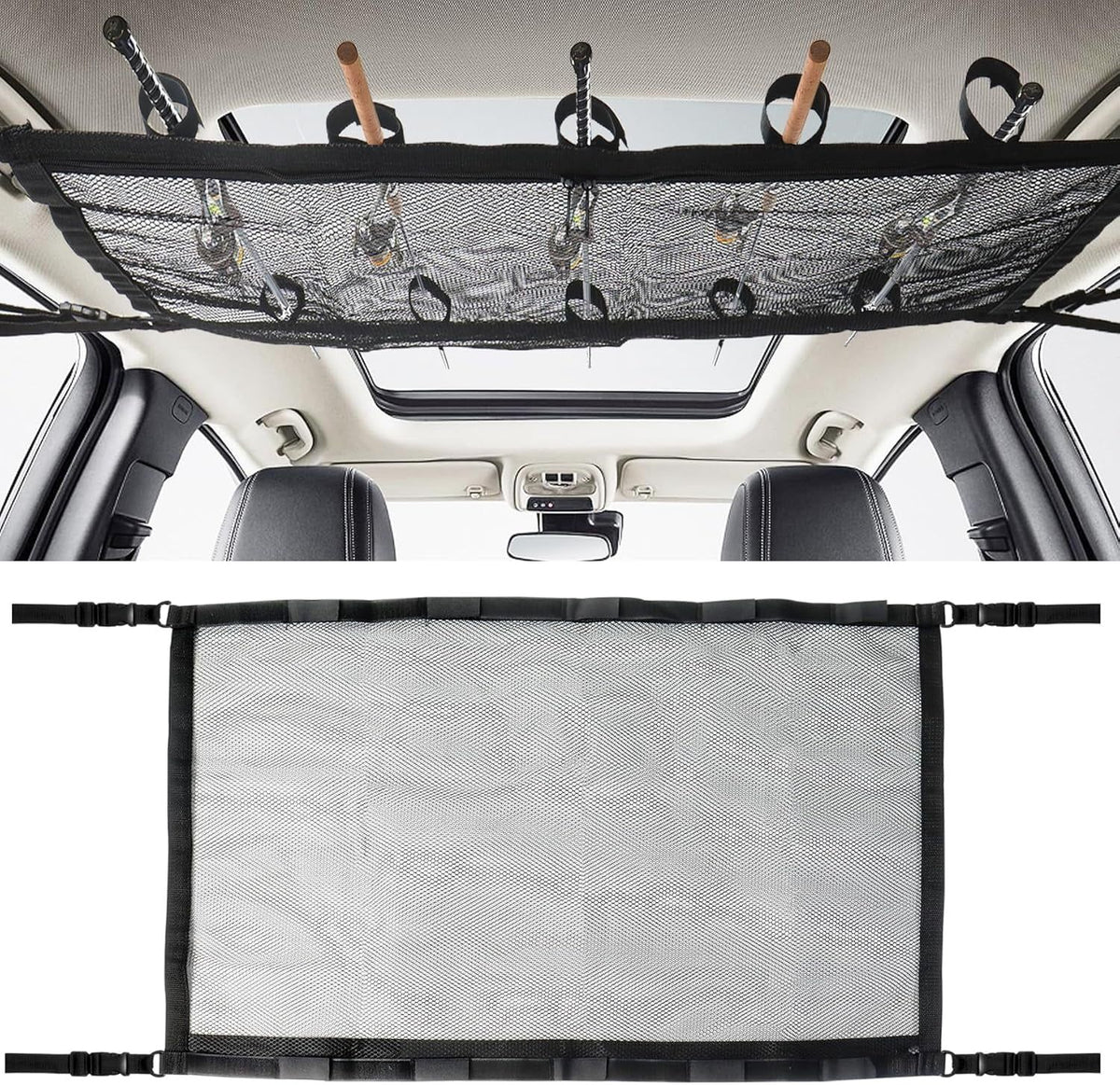 Car Ceiling Fishing Rod Holder with Storage Net - Holds Up to 5 Rods