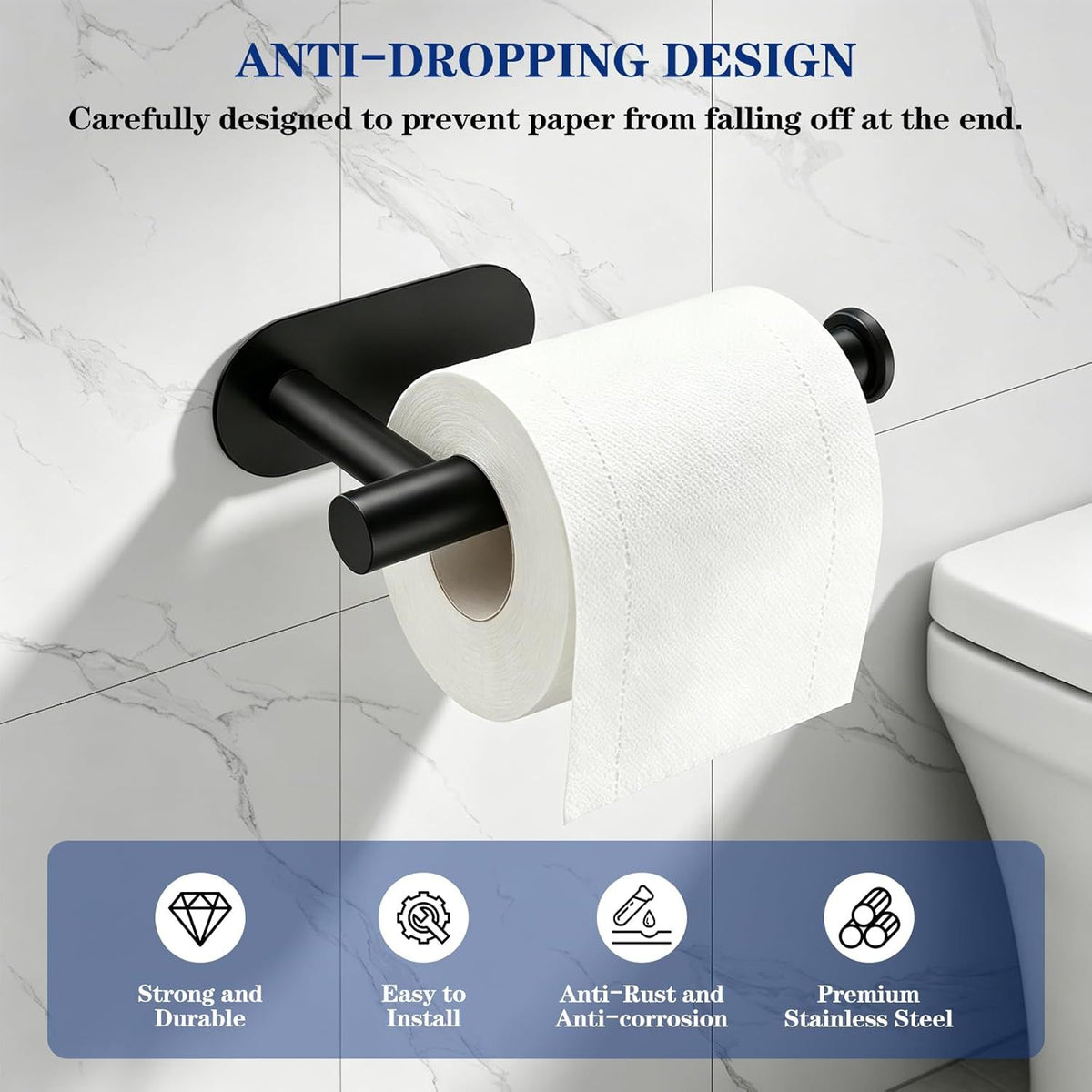 2 Pack Adhesive Toilet Paper Holders, No-Drill Waterproof Rustproof Stainless Steel Wall Mount Tissue Holders for Bathrooms, Matte Black