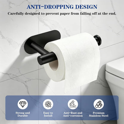 2 Pack Adhesive Toilet Paper Holders, No-Drill Waterproof Rustproof Stainless Steel Wall Mount Tissue Holders for Bathrooms, Matte Black