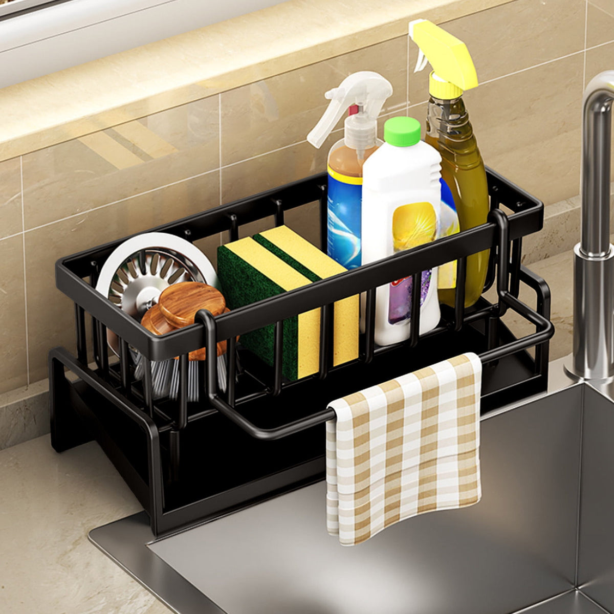 Auto-Draining Kitchen Sink Sponge Caddy & Dishcloth Organizer
