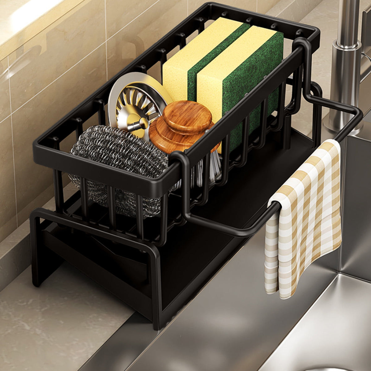 Auto-Draining Kitchen Sink Sponge Caddy & Dishcloth Organizer