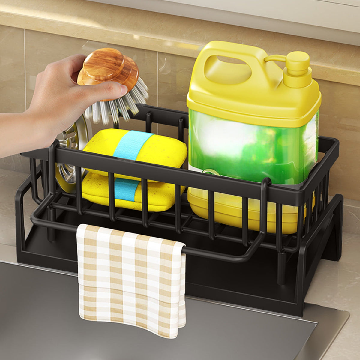 Auto-Draining Kitchen Sink Sponge Caddy & Dishcloth Organizer