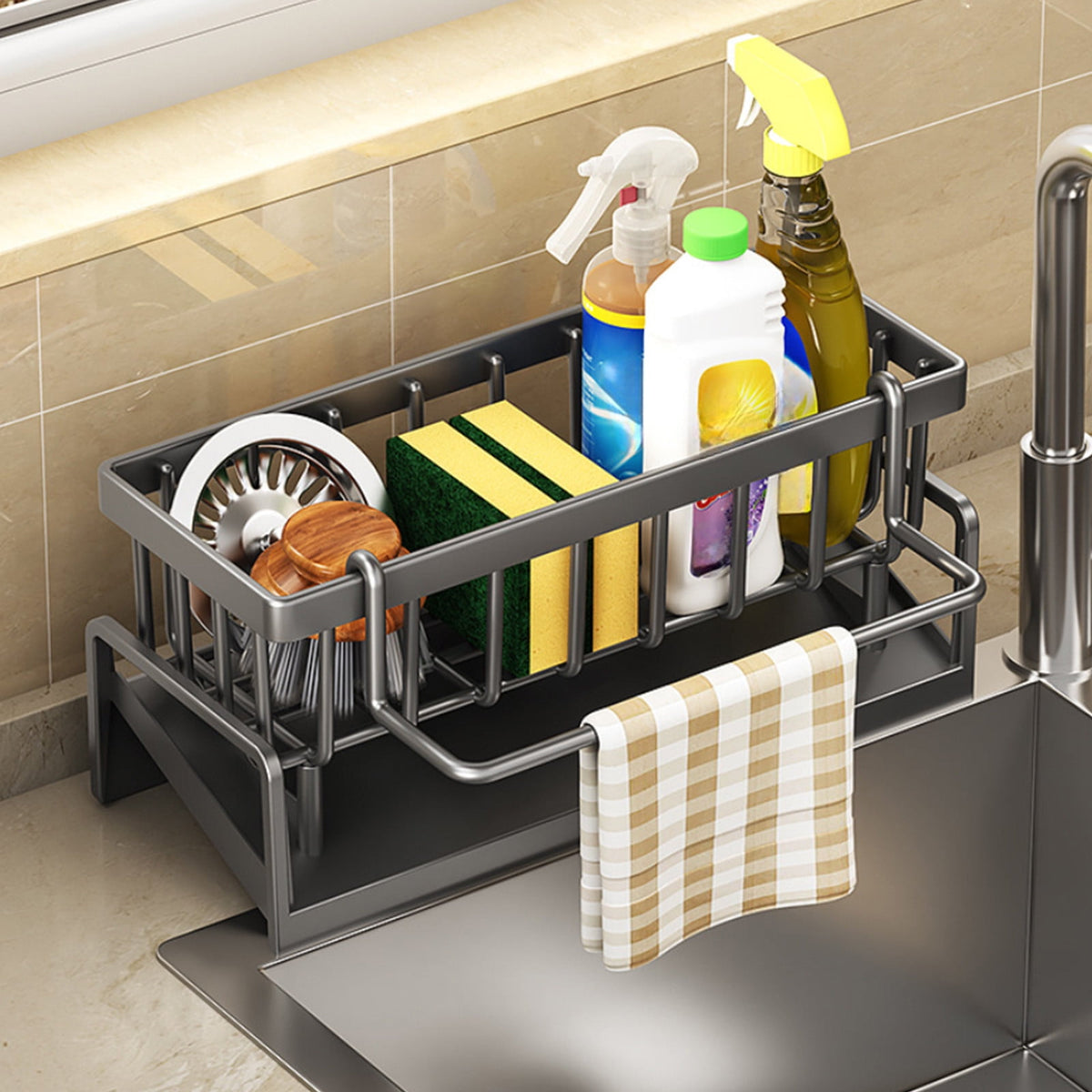 Auto-Draining Kitchen Sink Sponge Caddy & Dishcloth Organizer
