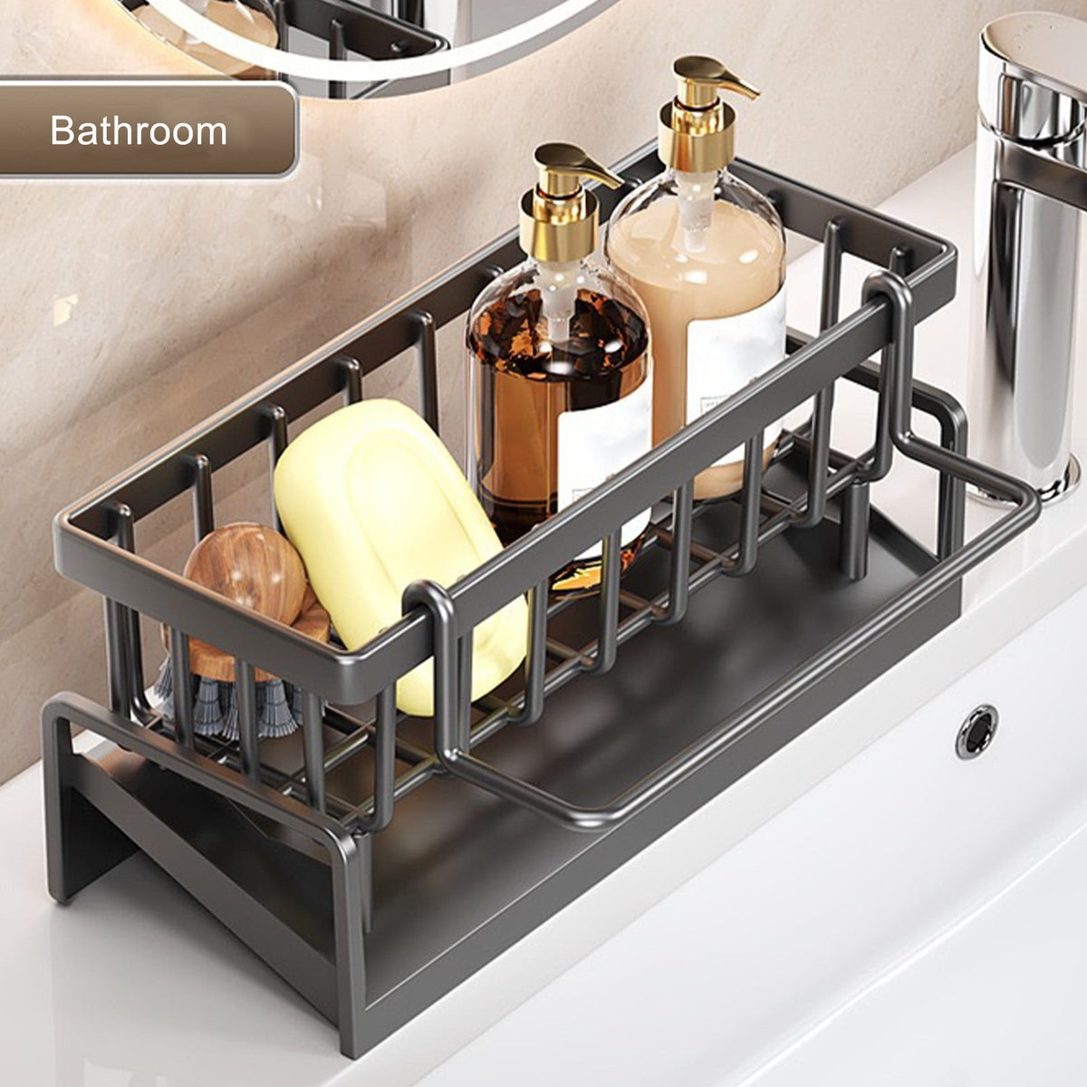 Sponge Holder for Kitchen Sink, Auto Draining Kitchen Sink Caddy, Rustproof Steel Dish Sponge Organizer with Removable Dishcloth Rack, Soap Dispenser Brush Holder Gray