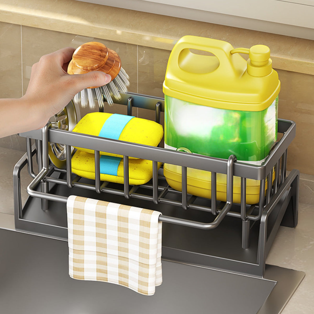 Sponge Holder for Kitchen Sink, Auto Draining Kitchen Sink Caddy, Rustproof Steel Dish Sponge Organizer with Removable Dishcloth Rack, Soap Dispenser Brush Holder Gray
