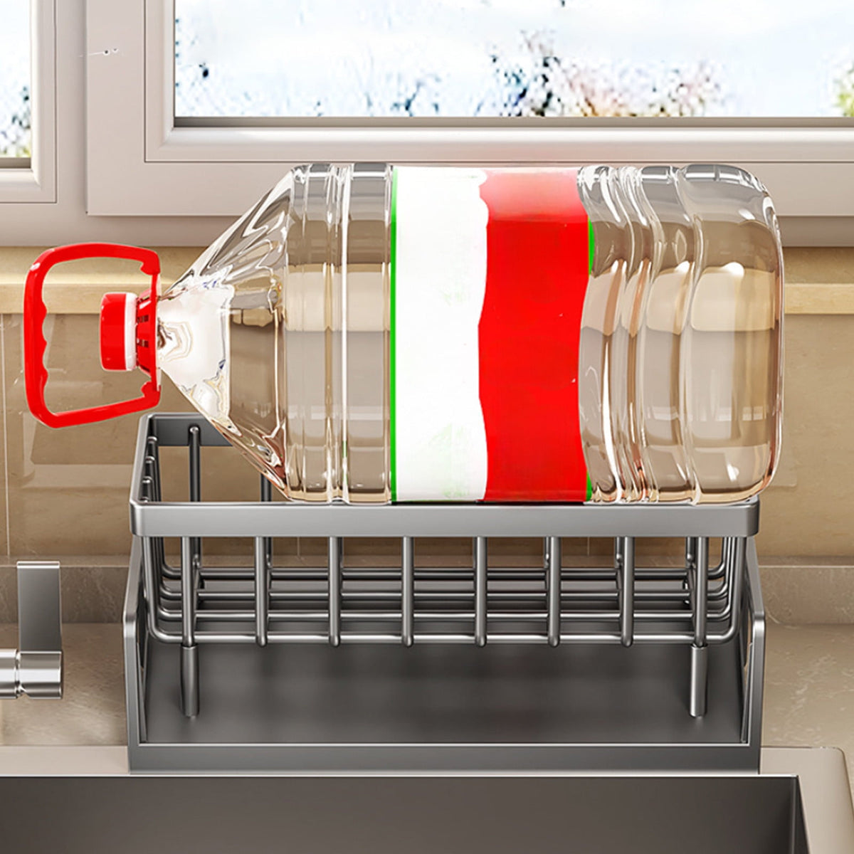 Sponge Holder for Kitchen Sink, Auto Draining Kitchen Sink Caddy, Rustproof Steel Dish Sponge Organizer with Removable Dishcloth Rack, Soap Dispenser Brush Holder Gray