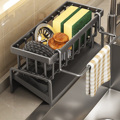 Sponge Holder for Kitchen Sink, Auto Draining Kitchen Sink Caddy, Rustproof Steel Dish Sponge Organizer with Removable Dishcloth Rack, Soap Dispenser Brush Holder Gray