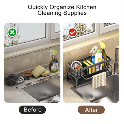 Sponge Holder for Kitchen Sink, Auto Draining Kitchen Sink Caddy, Rustproof Steel Dish Sponge Organizer with Removable Dishcloth Rack, Soap Dispenser Brush Holder Gray