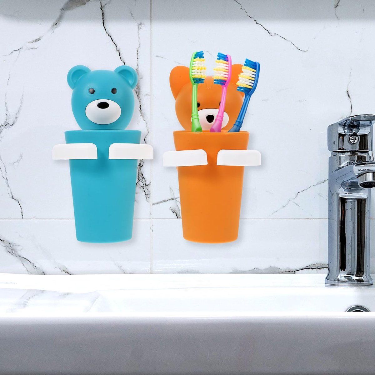 Wall-Mounted Cartoon Animal Toothbrush Holder & Rinsing Cup Set (2-Pack)