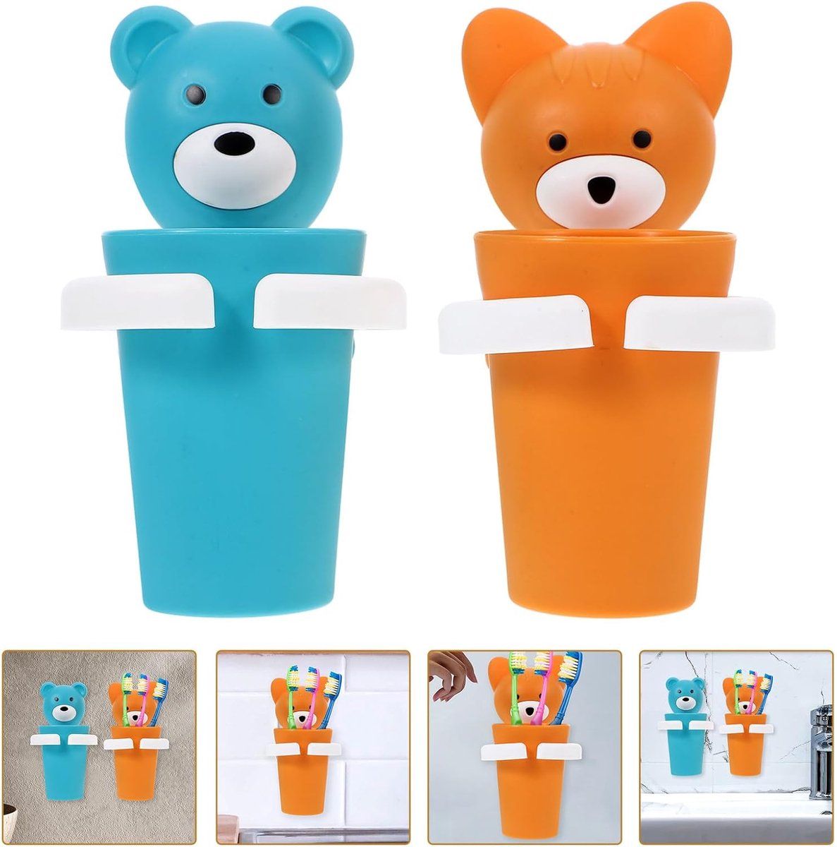 Wall-Mounted Cartoon Animal Toothbrush Holder & Rinsing Cup Set (2-Pack)