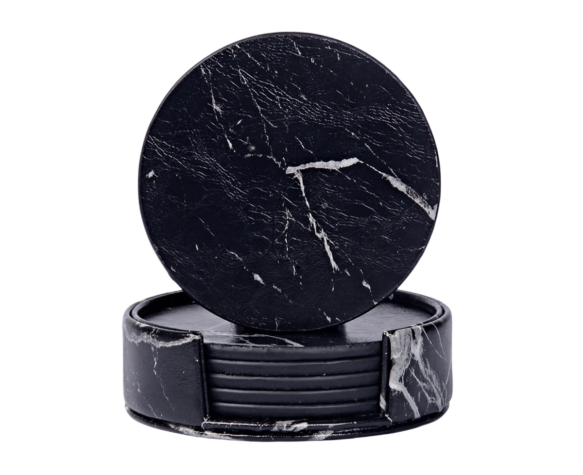 Luxury Faux Leather Marble Coasters with Holder (6-Piece Set)