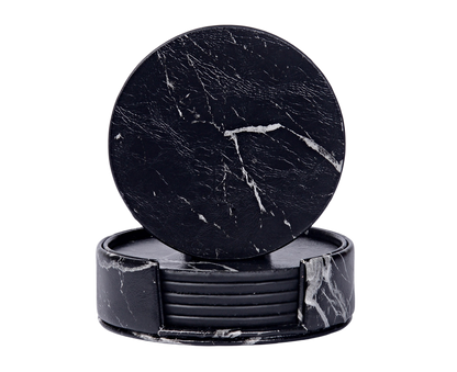 Luxury Faux Leather Marble Coasters with Holder (6-Piece Set)