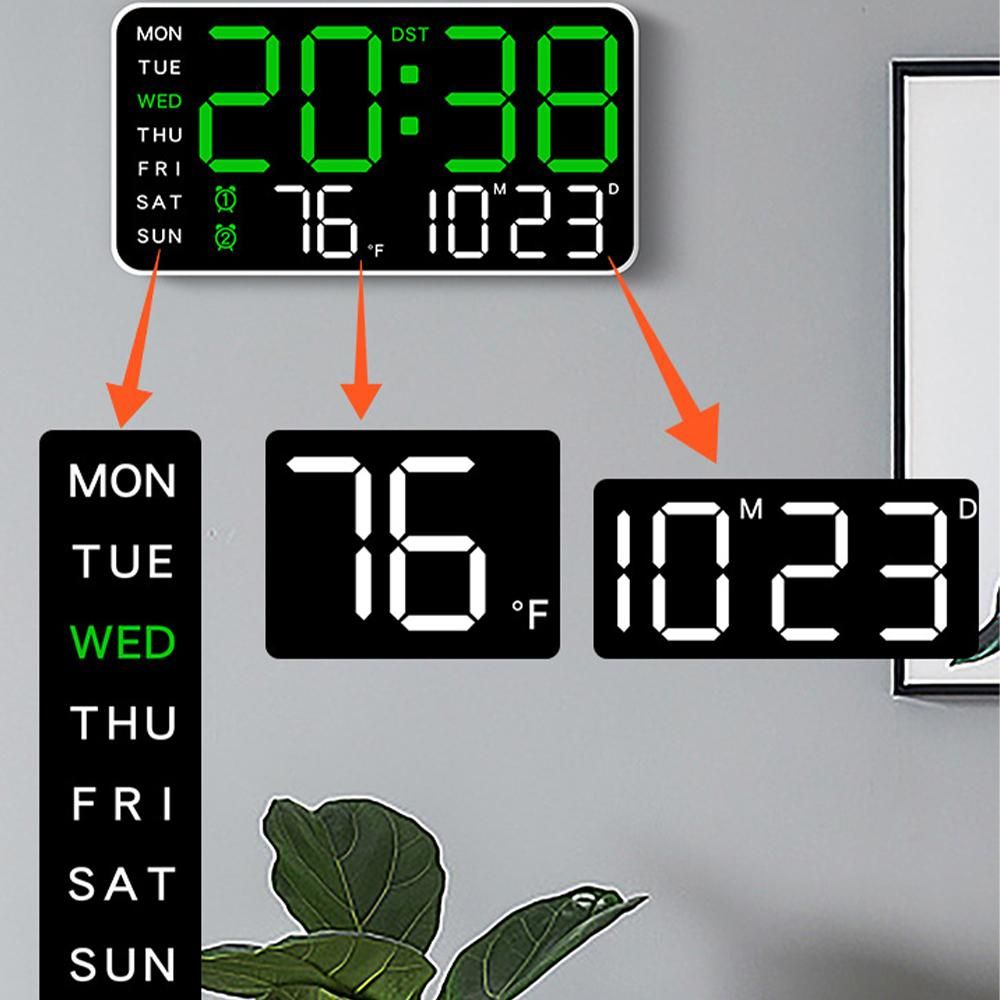 9.5 Inch Large LED Digital Wall Clock Dual Alarm Snooze Desk or Wall Mount - Blue