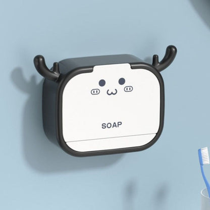 Cute Antler Soap Dish, No-Drill Wall-Mounted Soap Holder with Lid, Drainage Design, Single Compartment - Black