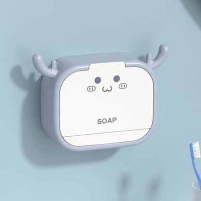 Cute Antler Soap Dish, No-Drill Wall-Mounted Soap Holder with Lid, Drainage Design, Single Compartment - Gray