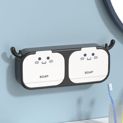Cute Antler Soap Dish, No-Drill Wall-Mounted Soap Holder with Lid, Drainage Design, Double Compartment - Black