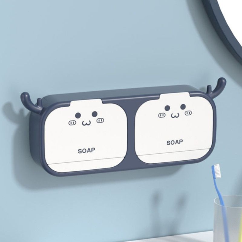 Cute Antler Soap Dish, No-Drill Wall-Mounted Soap Holder with Lid, Drainage Design, Double Compartment - Blue
