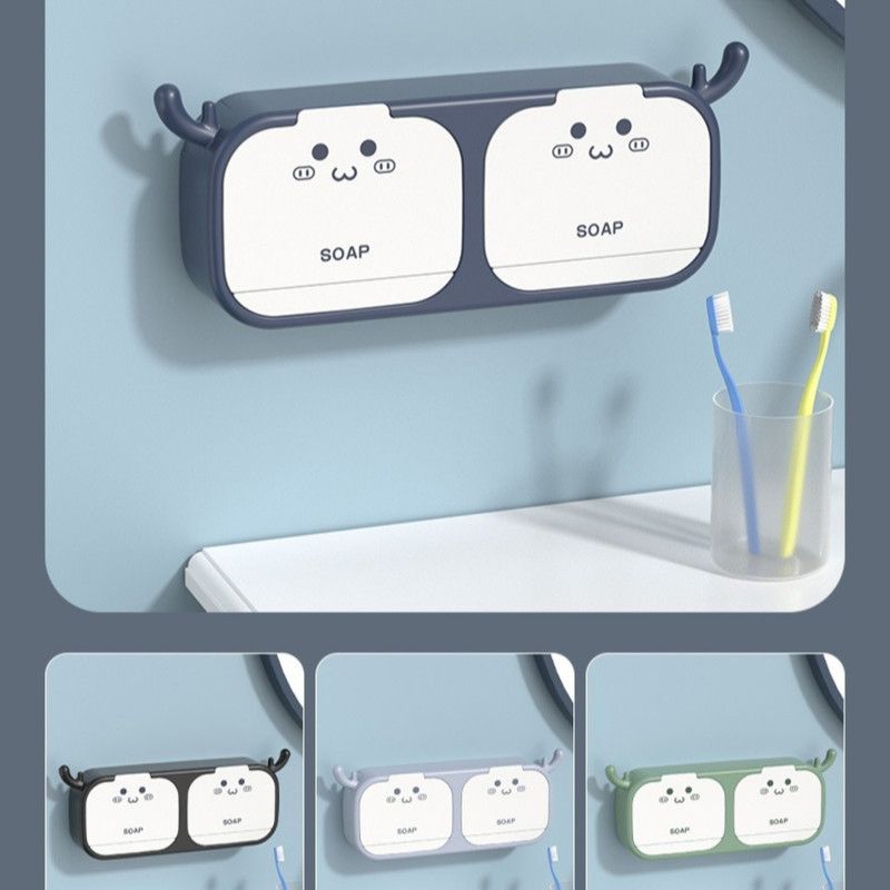 Cute Antler Soap Dish, No-Drill Wall-Mounted Soap Holder with Lid, Drainage Design, Double Compartment - Gray