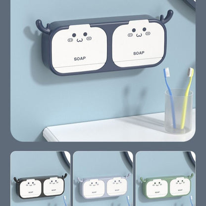 Cute Antler Soap Dish, No-Drill Wall-Mounted Soap Holder with Lid, Drainage Design, Double Compartment - Gray