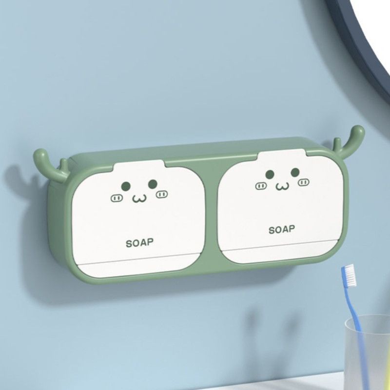 Cute Antler Soap Dish, No-Drill Wall-Mounted Soap Holder with Lid, Drainage Design, Double Compartment - Green